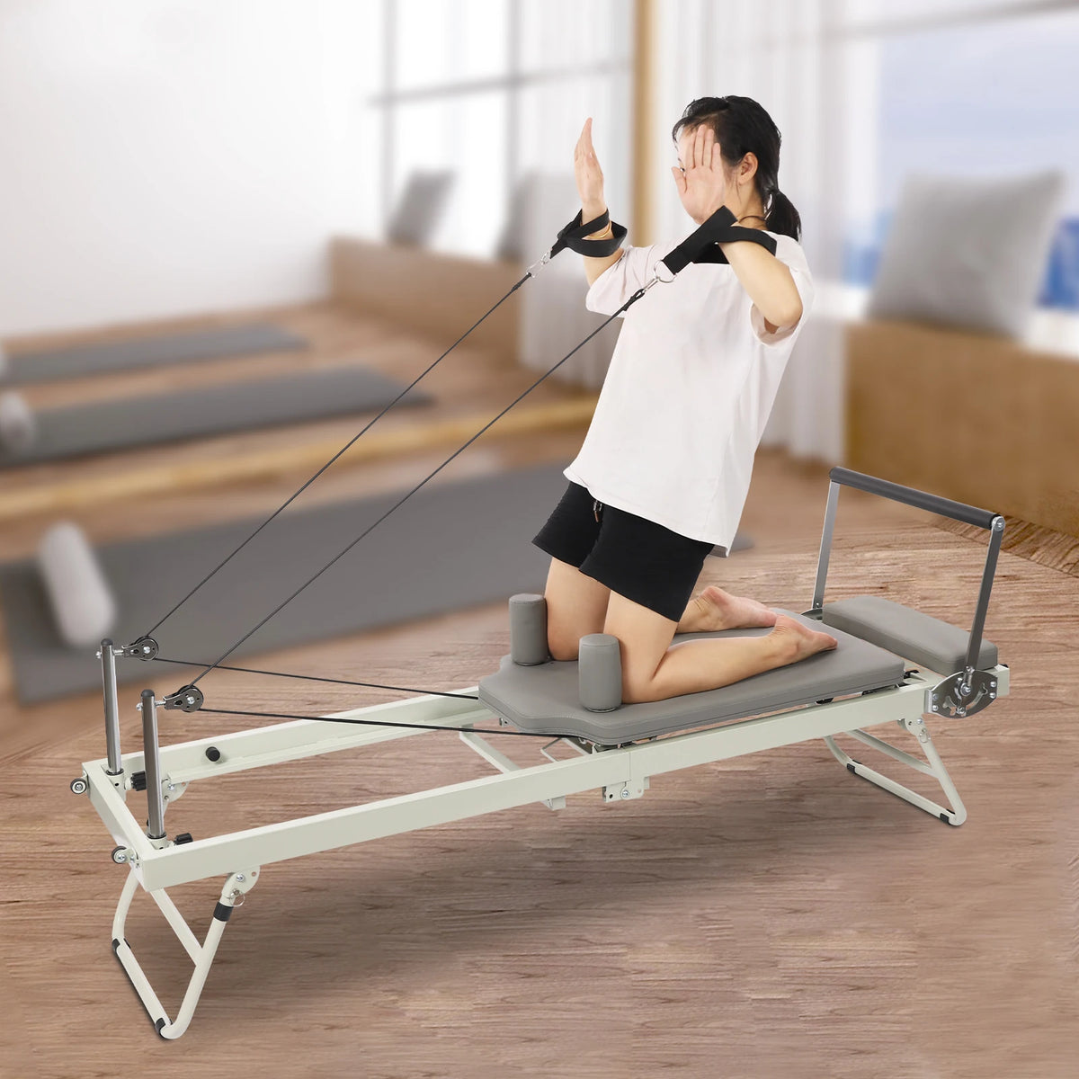 Foldable Pilates Reformer Machine Portable Fitness Equipment Multifunctional Yoga Fitness Equipment Pilates Exercise Equipment Grey/Black Use in Homes/Offices/Yoga Studios/Gyms