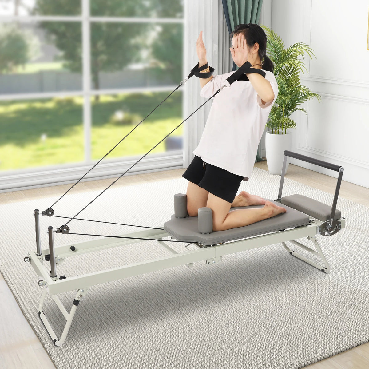 Foldable Pilates Reformer Machine Portable Fitness Equipment Multifunctional Yoga Fitness Equipment Pilates Exercise Equipment Grey/Black Use in Homes/Offices/Yoga Studios/Gyms
